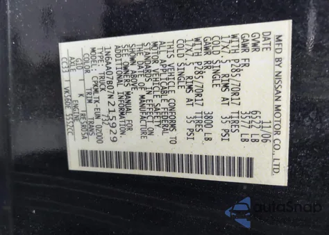 2007 Nissan Titan Se из США, поврежденный, VIN 1N6AA07B07N215929